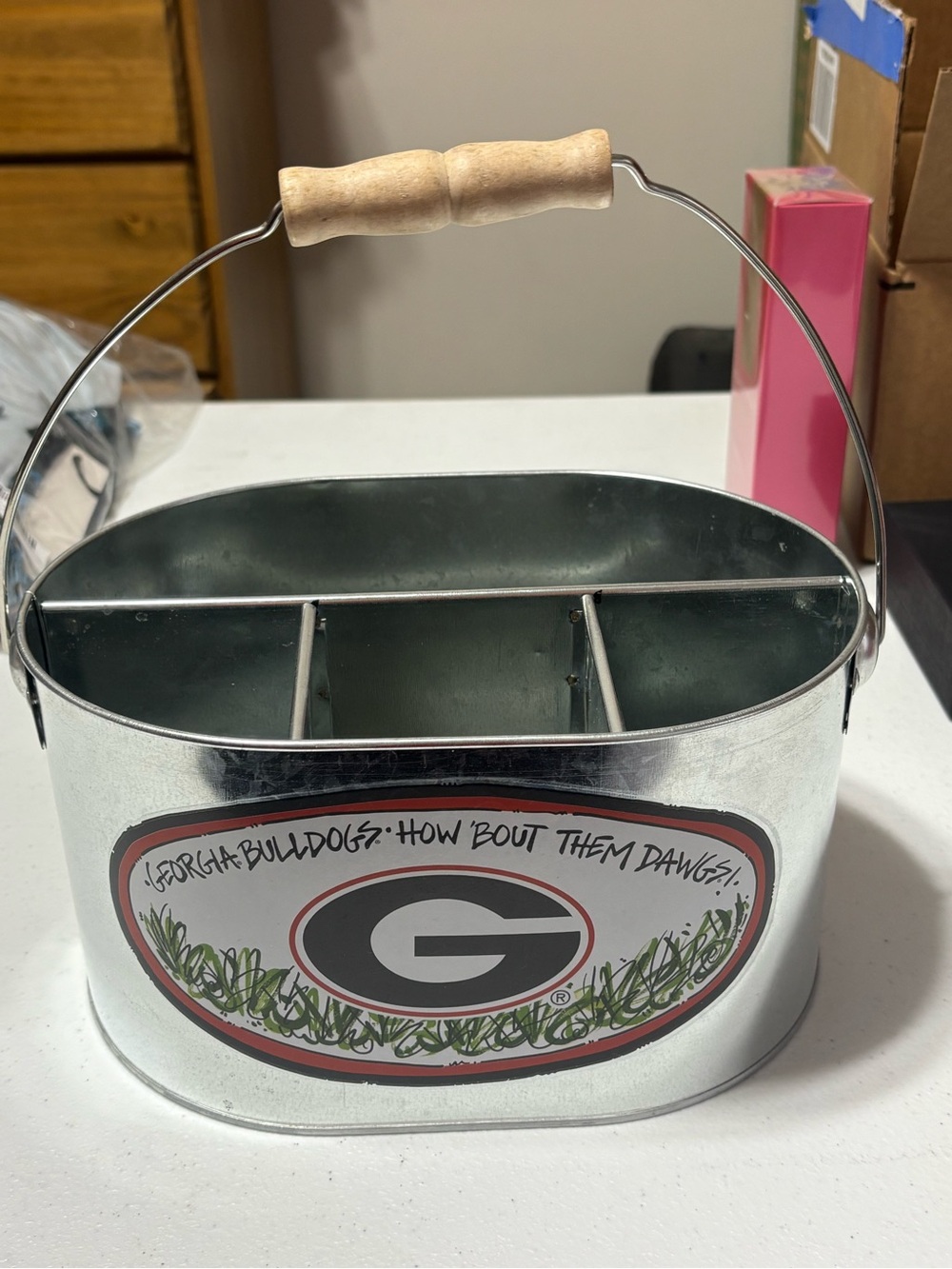 Georgia Metal Caddy with Wooden Handle - Silver